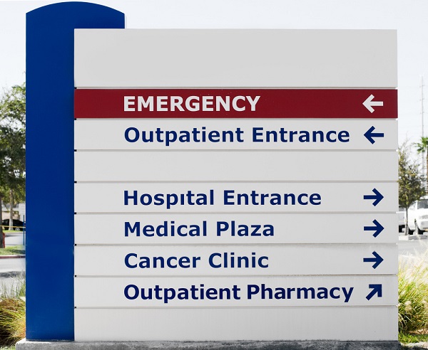 Hospital Sign Showing Directions To Different Medical Services.