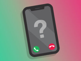 Graphic image of a smartphone having both red and green call buttons on it with question mark symbol being put in the center of the phone.