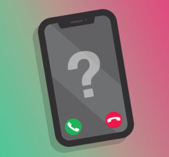 Graphic image of a smartphone having both red and green call buttons on it with question mark symbol being put in the center of the phone.