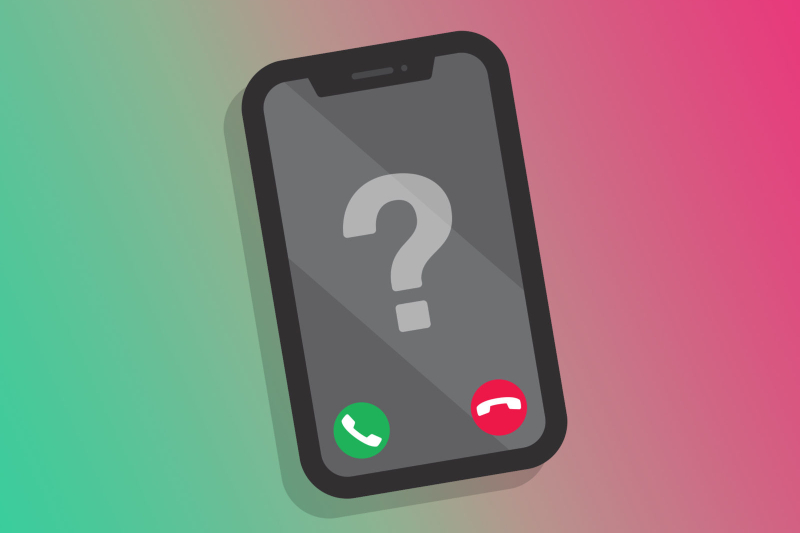 Graphic image of a smartphone having both red and green call buttons on it with question mark symbol being put in the center of the phone.