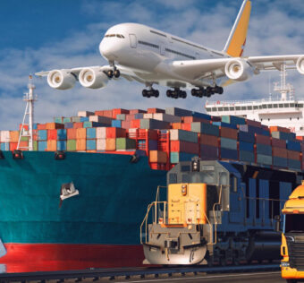 Shipment of goods loaded in the cargo containers can be in the sea port, an air craft on the sky along with a truck can be seen in the picture.